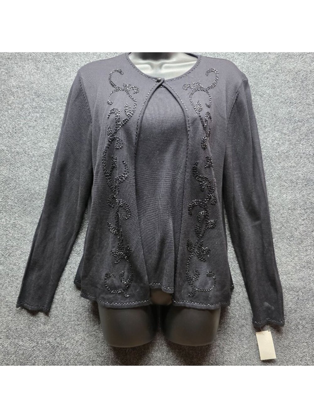 Vintage 90s Koret Beaded Silk Cardigan M Black Festival Gala Glam Cottagecore